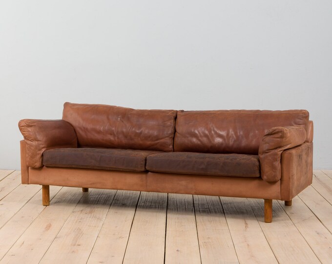 Vintage Danish Aniline Leather 2,5 seater cognac leather sofa, by Mogens Hansen 1970s