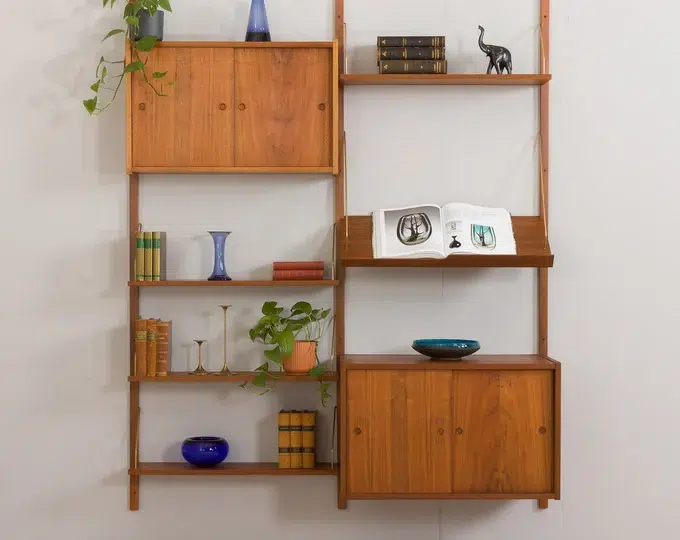 Sorensen, PS system teak wall unit with display shelf and two cabinets, Denmark 1960s