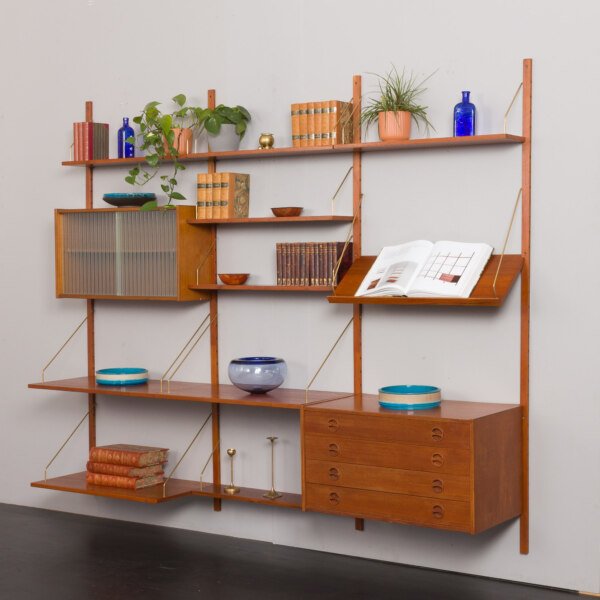 Meuble mural vintage danois en teck, bibliothèque dans le style de Poul Cadovius, Danemark années 1960