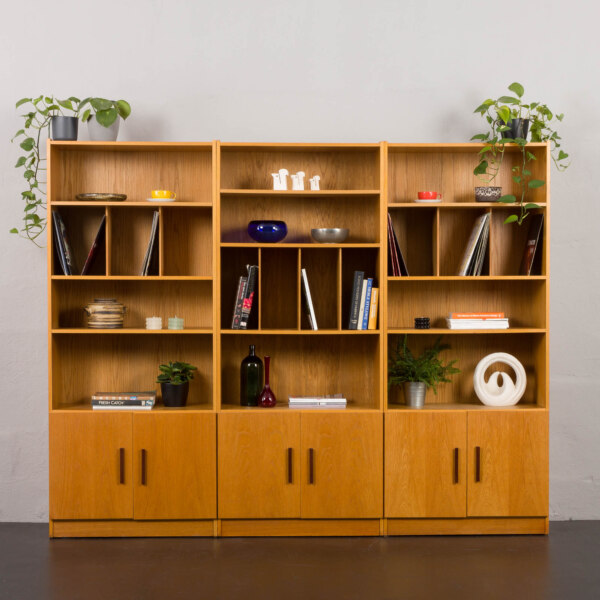 Ib Kofod Larsen Danish vintage oak 3 modules bookcase system with vinyl records shelves for Faarup, Denmark 1980s