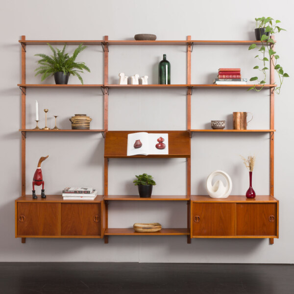 Danish vintage 3 bay teak wall unit in the style of Poul Cadovius, 1960s