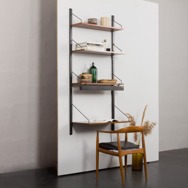 Poul Cadovius home office wall unit in walnut with desk shelf and a portable lamp, Denmark 1960s