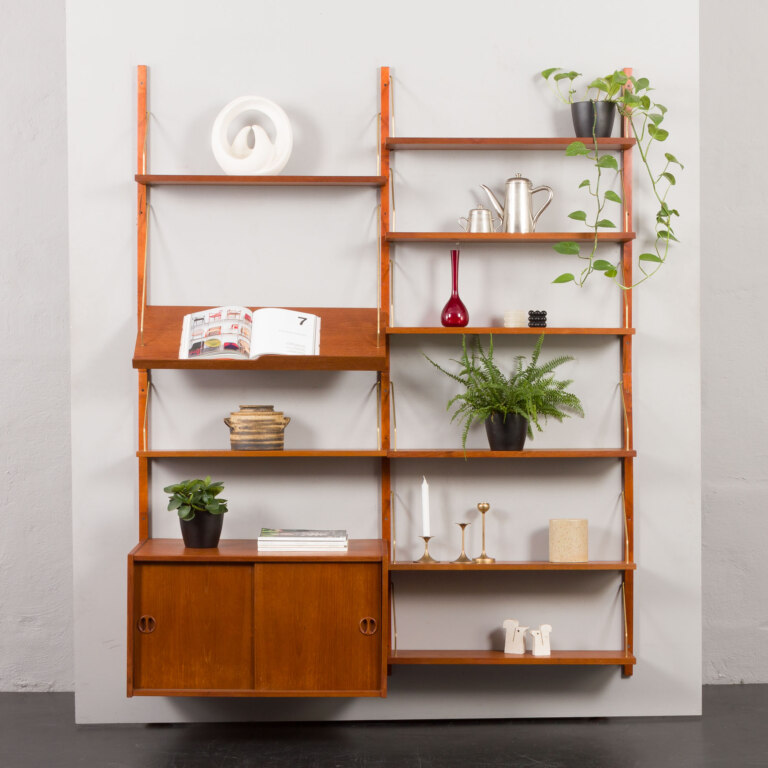 Danish vintage teak wall unit with sliding doors cabinet and 9 shelves in the style of Poul Cadovius, 1960s