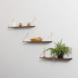 Set of 3 Danish mid century solid Oregon pine floating shelves with brass hangers, 1950s