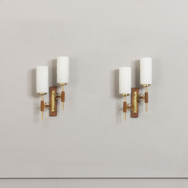 Pair of teak and brass wall sconces in the style of Lunel, 1960s
