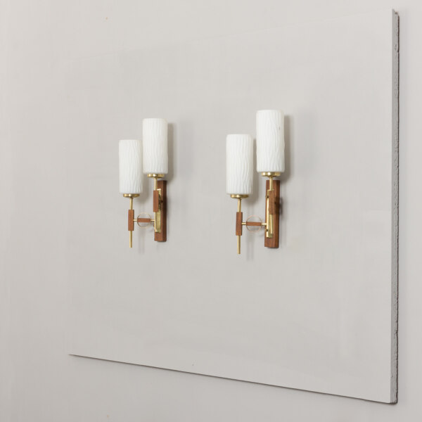 Pair of teak and brass wall sconces in the style of Lunel, 1960s