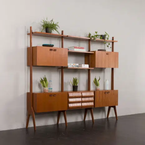 Italian mid-century free-standing wall unit in teak and rosewood
