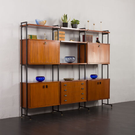 24100 Italian free standing three bay teak wall unit-2 Italian mid-century free-standing wall unit in teak, 1970s