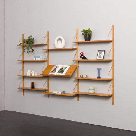 24200 Three bay oak wall unit-2 Scandinavian upcycled oak wall unit with expository shelf in Poul Cadovius style