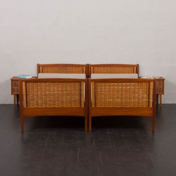 Pair of mid-century Teak and Cane beds attr. to Kai Winding, Denmark, 1950s