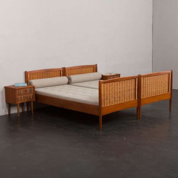 Pair of mid-century Teak and Cane beds attr. to Kai Winding, Denmark, 1950s