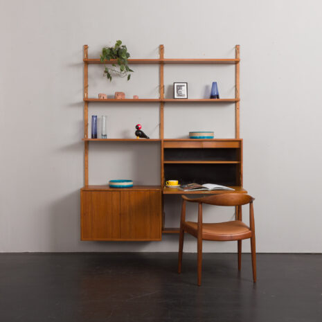 24190 Poul Cadovius two bay teak wall unit-1 Poul Cadovius modular teak wall unit with a hidden desk, Denmark 1960s