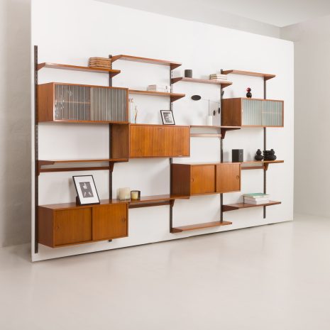 24296 Kai Kristiansen four bay teak wall unit for FM Mobler, Denmark, 1960s-2 24296 Kai Kristiansen four bay teak wall unit for FM Mobler, Denmark, 1960s-2