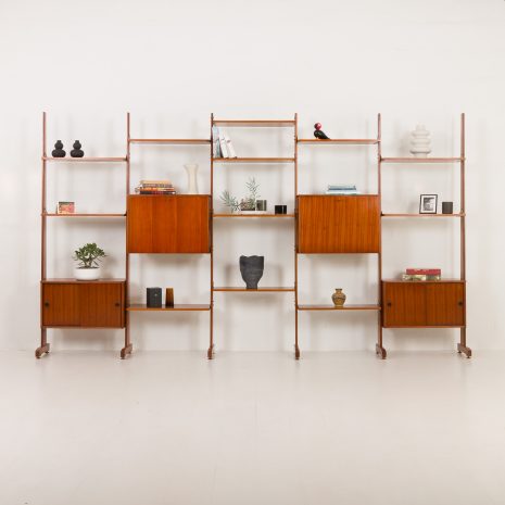 24337 Italian freestanding 5 bay teak wall unit in the style of Franco Albini, 1970s-1 24337 Italian freestanding 5 bay teak wall unit in the style of Franco Albini, 1970s-1