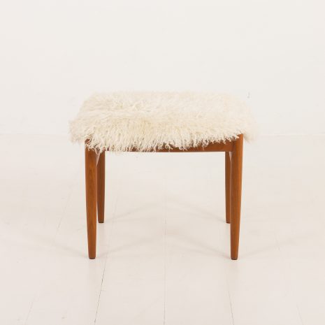 Danish teak footstol in long hair sheepskin by Bramin, 1960s