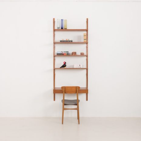 24421 upcycled one bay teak wall unit -1 Danish home office shelving unit in teak, 1960-70s.