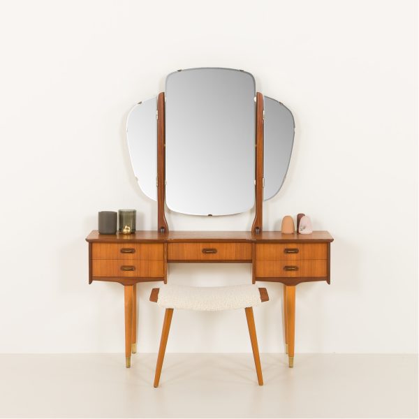 Scandinavian teak dressing table with adjustable mirrors and a footstool, 1960s