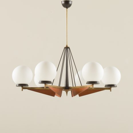 21178 Italian brass and teak chandelier with opaline glass vase shaped shades, 1960s-1 21178 Italian brass and teak chandelier with opaline glass vase shaped shades, 1960s-1