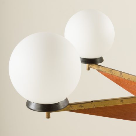 21178 Italian brass and teak chandelier with opaline glass vase shaped shades, 1960s-12 21178 Italian brass and teak chandelier with opaline glass vase shaped shades, 1960s-12