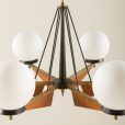 21178 Italian brass and teak chandelier with opaline glass vase shaped shades, 1960s-13