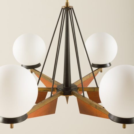 21178 Italian brass and teak chandelier with opaline glass vase shaped shades, 1960s-13 21178 Italian brass and teak chandelier with opaline glass vase shaped shades, 1960s-13