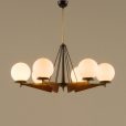 21178 Italian brass and teak chandelier with opaline glass vase shaped shades, 1960s-14