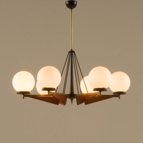 21178 Italian brass and teak chandelier with opaline glass vase shaped shades, 1960s-14 21178 Italian brass and teak chandelier with opaline glass vase shaped shades, 1960s-14