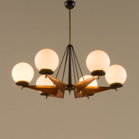 21178 Italian brass and teak chandelier with opaline glass vase shaped shades, 1960s-15 21178 Italian brass and teak chandelier with opaline glass vase shaped shades, 1960s-15