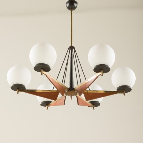 21178 Italian brass and teak chandelier with opaline glass vase shaped shades, 1960s-2 21178 Italian brass and teak chandelier with opaline glass vase shaped shades, 1960s-2