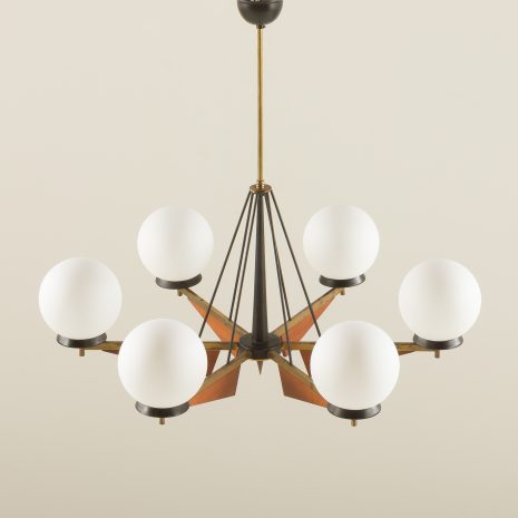 21178 Italian brass and teak chandelier with opaline glass vase shaped shades, 1960s-3 21178 Italian brass and teak chandelier with opaline glass vase shaped shades, 1960s-3