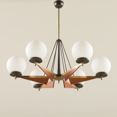 21178 Italian brass and teak chandelier with opaline glass vase shaped shades, 1960s-4 21178 Italian brass and teak chandelier with opaline glass vase shaped shades, 1960s-4