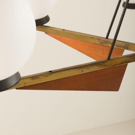 21178 Italian brass and teak chandelier with opaline glass vase shaped shades, 1960s-6 21178 Italian brass and teak chandelier with opaline glass vase shaped shades, 1960s-6