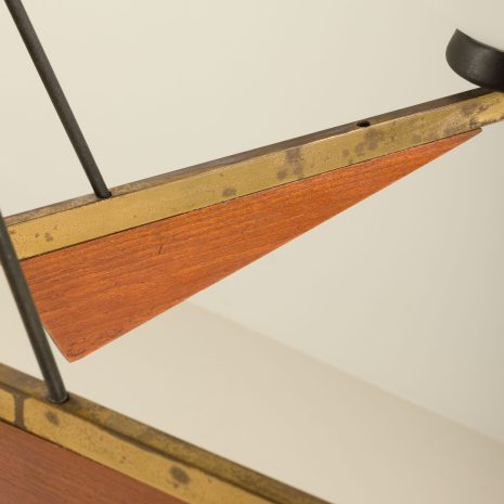 21178 Italian brass and teak chandelier with opaline glass vase shaped shades, 1960s-7 21178 Italian brass and teak chandelier with opaline glass vase shaped shades, 1960s-7