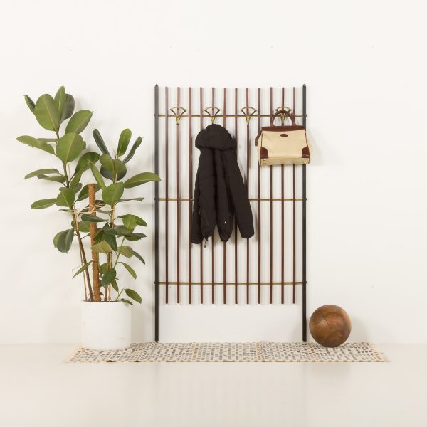 Italian mid century coat hanger in solid teak and brass, 1950s