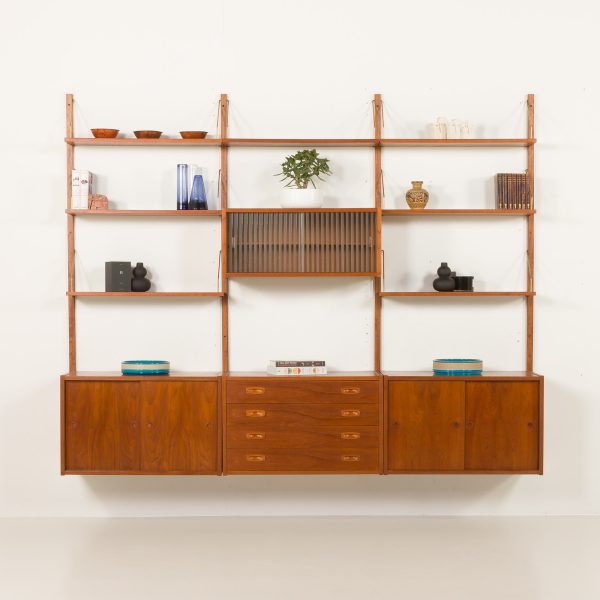 Preben Sorensen PS System three bay teak wall unit, Randers, Denmark 1960s