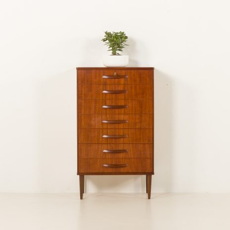 Rare mid century vintage teak chest of drawers with sculptural handles, Denmark, 1960s