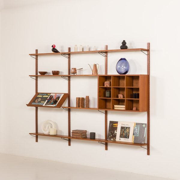 Scandinavian teak mid century wall unit with an expository shelf, Denmark 1970s