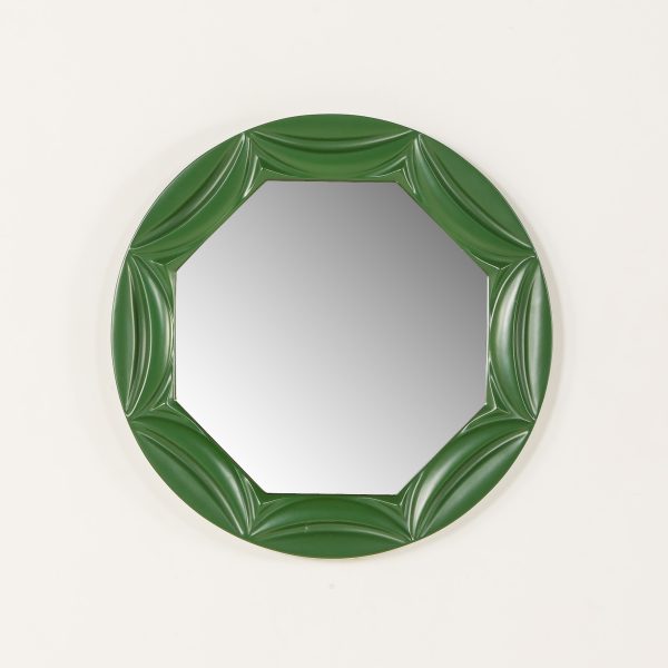 Eleganckie włoskie lustro w stylu mid-century z lat 70. z wyrzeźbioną, okrągłą ramą w zielonym lakierze