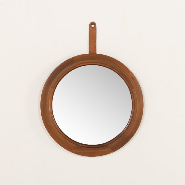 Włoskie lustro mid-century w grubej ramie wyrzeźbionej w litym drewnie tekowym, datowane na lata 70.,