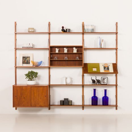 25429 PS System teak 3 bay wall unit with expository shelf, Randers, Denmark, 1960s- 25429 PS System teak 3 bay wall unit with expository shelf, Randers, Denmark, 1960s-