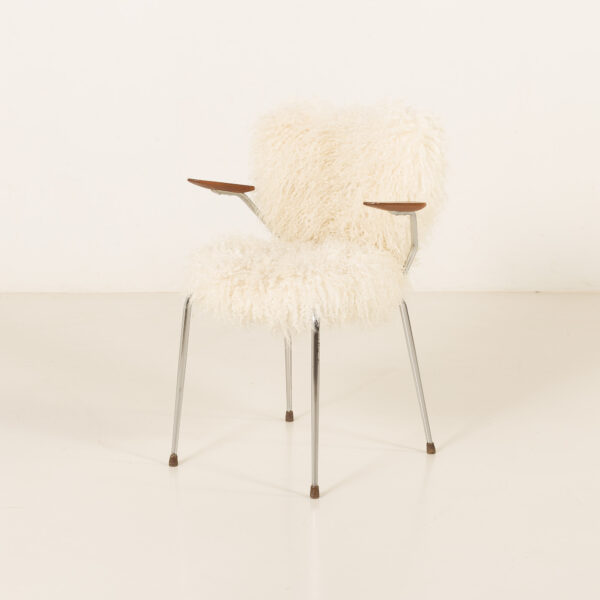 Mid century long hair sheepskin chair in the style of Arne Jacobsen, Denmark 1950s