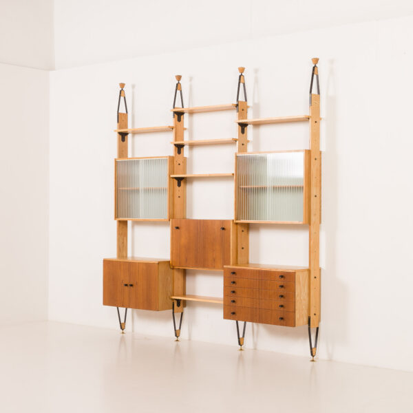 Floor to celling mid century wall unit in teak and ash, Czechoslovakia, 1960s