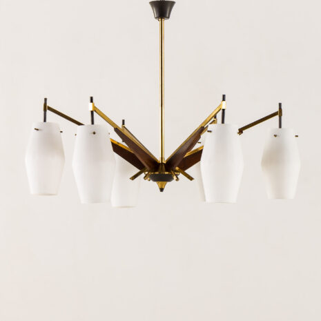 25514 Stilnovo style Italian mid century chandelier in brass and teak, 1960s -1 25514 Stilnovo style Italian mid century chandelier in brass and teak, 1960s -1
