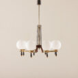 25537 Italian mid century chandelier in brass and teak, 1960s-1