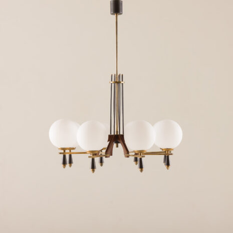 25537 Italian mid century chandelier in brass and teak, 1960s-1 25537 Italian mid century chandelier in brass and teak, 1960s-1