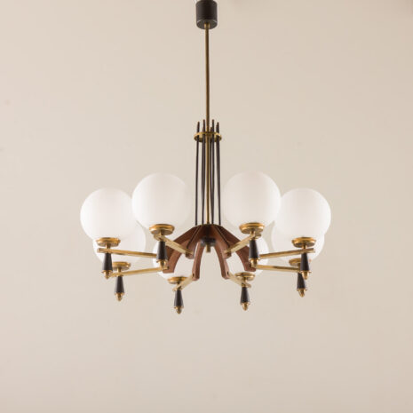 25537 Italian mid century chandelier in brass and teak, 1960s-2 25537 Italian mid century chandelier in brass and teak, 1960s-2